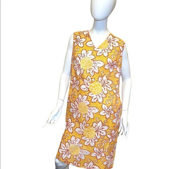 Vintage 70s Floral V Neckline Shift Dress Yellow Medium Women, Vintage Clothes - Picture 5 of 9